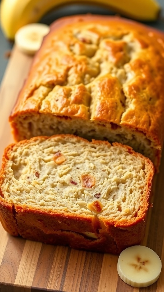 Yeast-Raised Banana Bread Recipe A golden loaf of banana bread sliced to show its fluffy interior, with banana slices on a wooden board.
